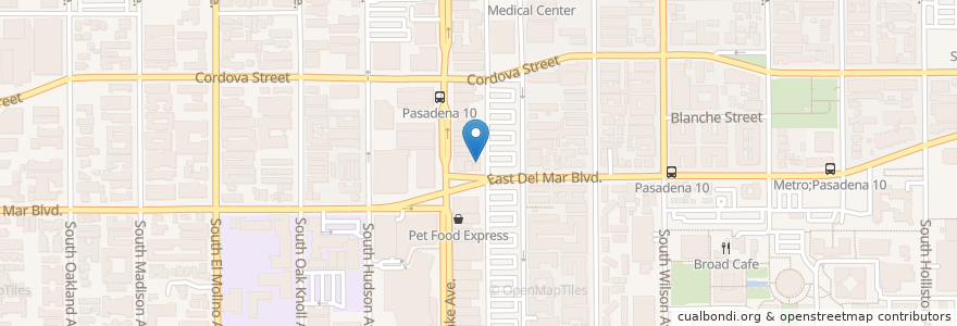Mapa de ubicacion de Mediterranean Cafe en 美利坚合众国/美利堅合眾國, 加利福尼亚州/加利福尼亞州, 洛杉矶县, Pasadena.