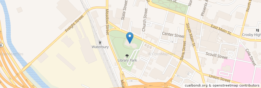 Mapa de ubicacion de Silas Bronson Library en 美利坚合众国/美利堅合眾國, 康涅狄格州 / 康乃狄克州, New Haven County, Waterbury.