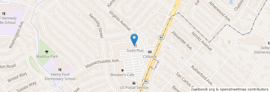 Mapa de ubicacion de Sushi Plus en Amerika Birleşik Devletleri, Kaliforniya, San Mateo County, Redwood City.
