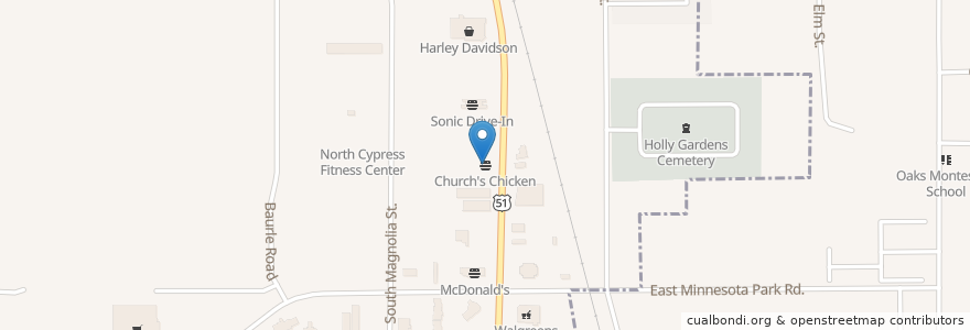 Mapa de ubicacion de Church's Chicken en États-Unis D'Amérique, Louisiane, Tangipahoa Parish, Hammond.