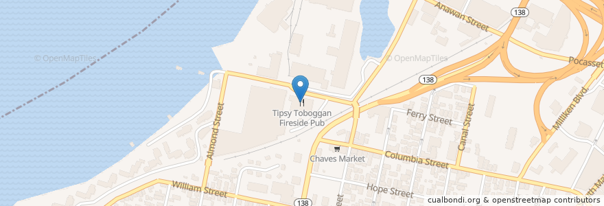 Mapa de ubicacion de Tipsy Toboggan Fireside Pub en Соединённые Штаты Америки, Массачусетс, Bristol County, Fall River.