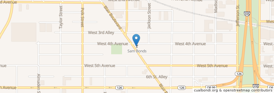 Mapa de ubicacion de Sam Bond's Garage en Stati Uniti D'America, Oregon, Lane County, Eugene.
