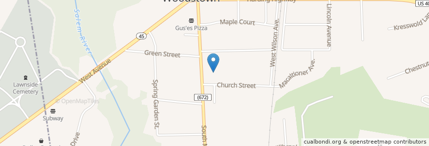 Mapa de ubicacion de First Baptist Church of Woodstown en 美利坚合众国/美利堅合眾國, 新泽西州 / 新澤西州 / 紐澤西州, Salem County, Woodstown.