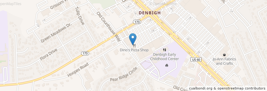 Mapa de ubicacion de Dino's Pizza Shop en Amerika Birleşik Devletleri, Virjinya, Newport News City, Newport News.