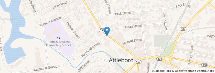 Mapa de ubicacion de Attleboro Public Library en Соединённые Штаты Америки, Массачусетс, Bristol County, Attleboro.