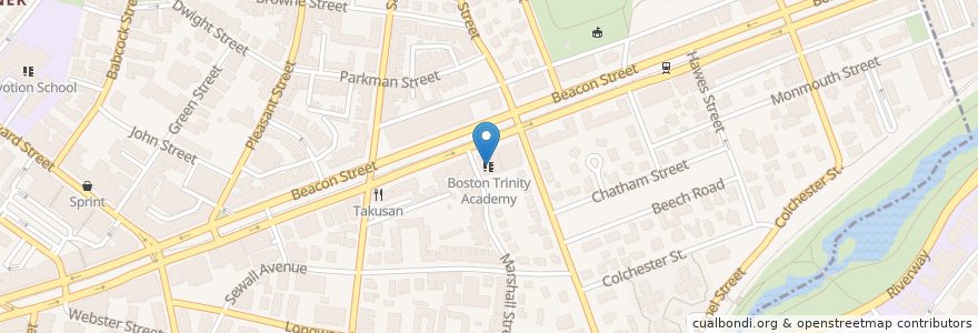 Mapa de ubicacion de Boston Trinity Academy en États-Unis D'Amérique, Massachusetts, Norfolk County, Brookline.