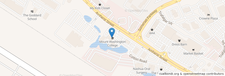 Mapa de ubicacion de Mount Washington College en アメリカ合衆国, ニューハンプシャー州, Hillsborough County, Nashua.