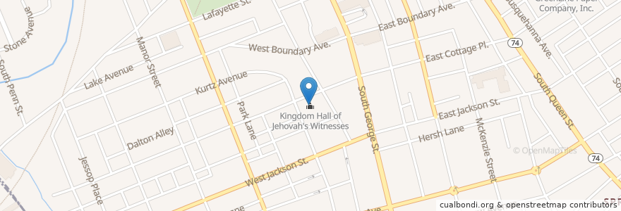Mapa de ubicacion de Kingdom Hall of Jehovah's Witnesses en United States, Pennsylvania, York.