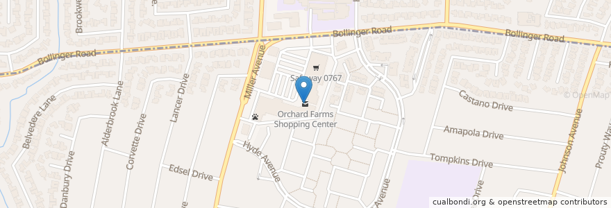 Mapa de ubicacion de Orchard Farms Shopping Center en États-Unis D'Amérique, Californie, Santa Clara County, San Jose.