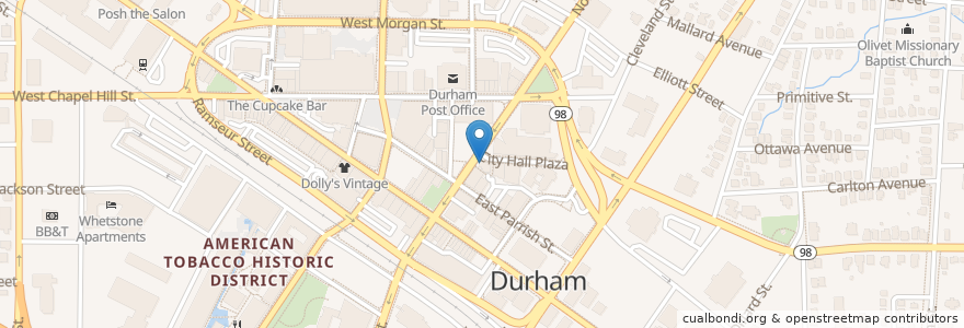 Mapa de ubicacion de Pompieri Pizza en Amerika Birleşik Devletleri, Kuzey Karolina, Durham County, Durham.