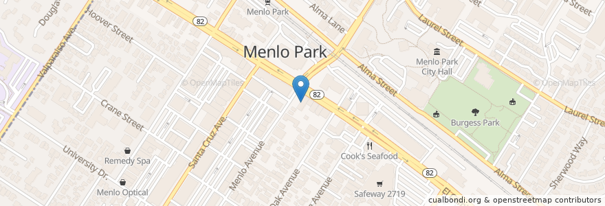 Mapa de ubicacion de Applewood Pizza ToGo en ایالات متحده آمریکا, کالیفرنیا, San Mateo County, Menlo Park.