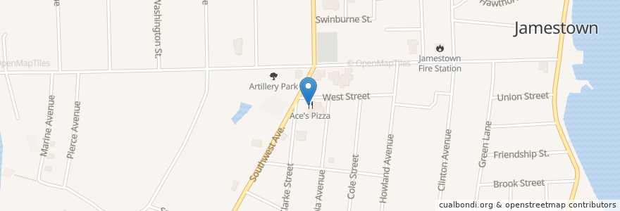 Mapa de ubicacion de Ace's Pizza en 미국, 로드아일랜드, Newport County, Jamestown.