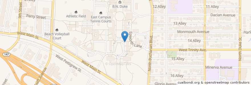Mapa de ubicacion de East Residence Hall Bike Rack en 美利坚合众国/美利堅合眾國, 北卡羅萊那州, Durham County, Durham.