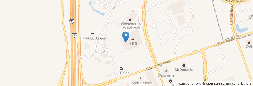 Mapa de ubicacion de H-E-B Pharmacy en Vereinigte Staaten Von Amerika, Texas, Round Rock, Williamson County.
