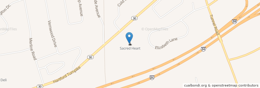 Mapa de ubicacion de Sacred Heart en Vereinigte Staaten Von Amerika, Connecticut, Tolland County, Vernon.
