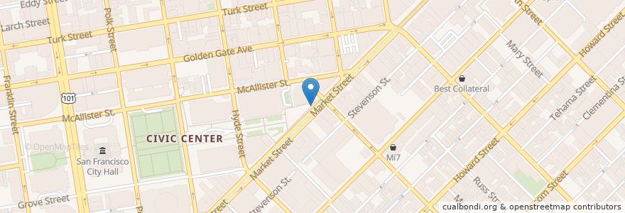 Mapa de ubicacion de Civic Center BART (7th at Market) en Amerika Birleşik Devletleri, Kaliforniya, San Francisco, San Francisco.