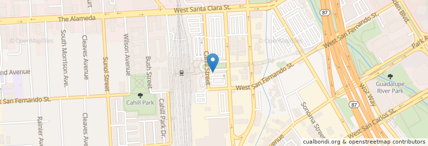 Mapa de ubicacion de San Jose Diridon Caltrain Station en 미국, 캘리포니아주, Santa Clara County, San Jose.