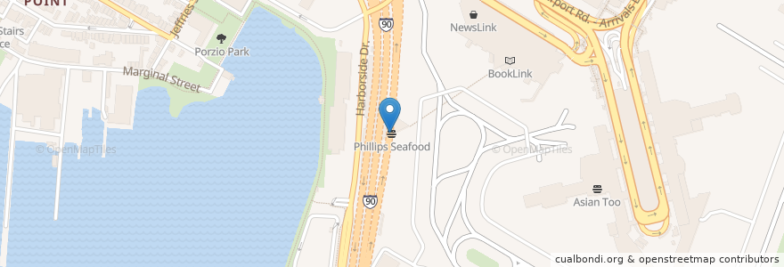 Mapa de ubicacion de Phillips Seafood en Estados Unidos De América, Massachusetts, Suffolk County, Boston.