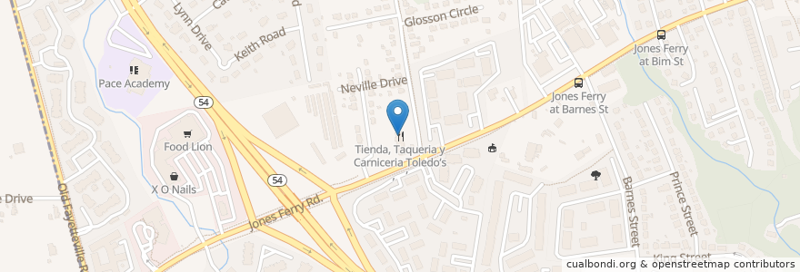 Mapa de ubicacion de Tienda, Taqueria y Carniceria Toledo’s en アメリカ合衆国, ノースカロライナ州, Orange County, Carrboro.