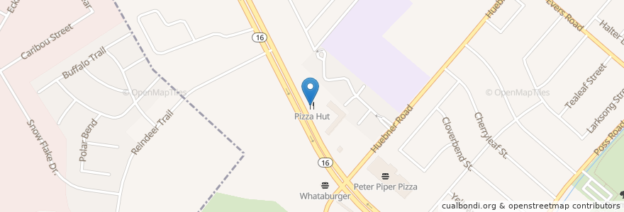 Mapa de ubicacion de Pizza Hut en 美利坚合众国/美利堅合眾國, 得克萨斯州 / 德克薩斯州 / 德薩斯州, Bexar County, San Antonio, Leon Valley.