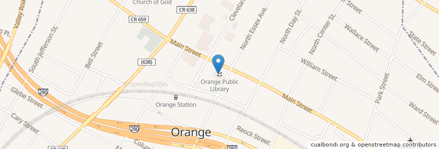 Mapa de ubicacion de Orange Public Library en アメリカ合衆国, ニュージャージー州, Essex County, Orange.