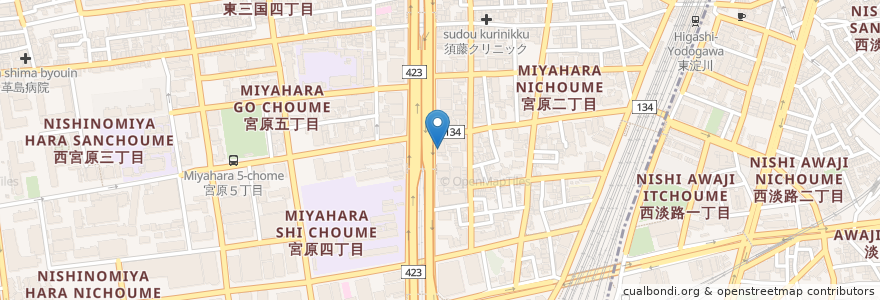 Mapa de ubicacion de キッチンオリジン en Japan, Präfektur Osaka, 大阪市, 淀川区.