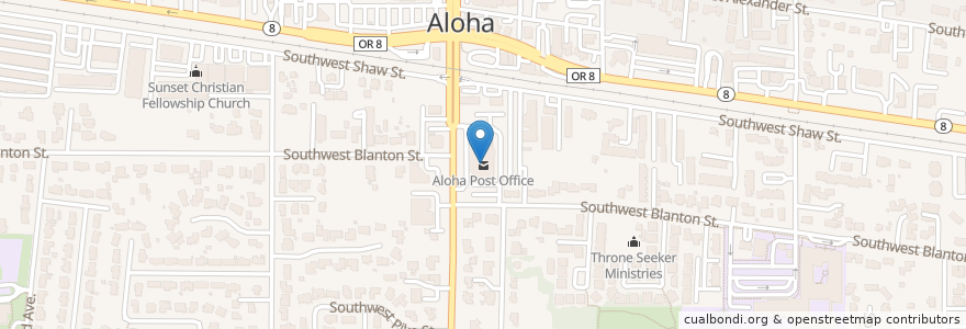 Mapa de ubicacion de Aloha Post Office en アメリカ合衆国, オレゴン州, Washington County, Aloha.