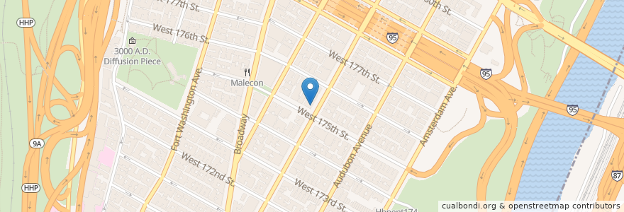 Mapa de ubicacion de Cibao Pharmacy en Соединённые Штаты Америки, Нью-Йорк, Нью-Йорк, Округ Нью-Йорк, Манхэттен, Manhattan Community Board 12.