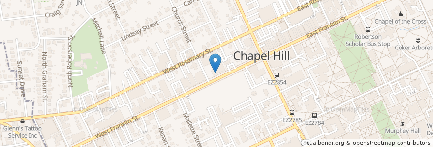 Mapa de ubicacion de Frutta Bowls en アメリカ合衆国, ノースカロライナ州, Orange County, Chapel Hill.