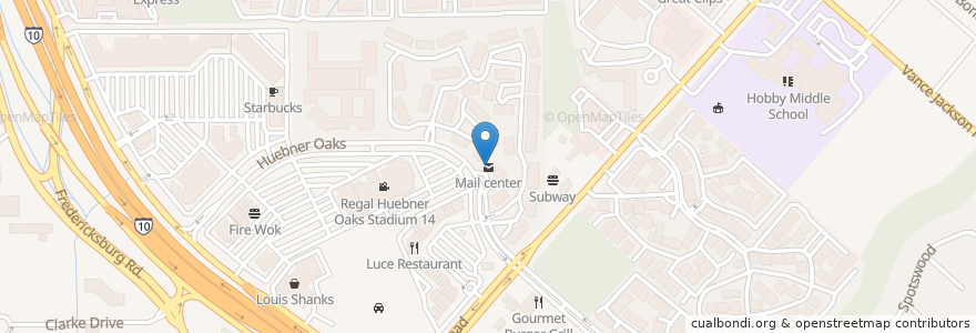Mapa de ubicacion de Mail center en 미국, 텍사스, Bexar County, San Antonio.