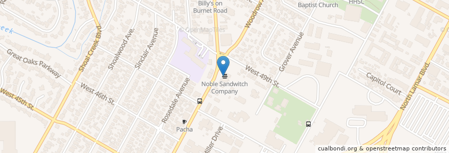 Mapa de ubicacion de Noble Sandwitch Company en Estados Unidos De América, Texas, Travis County, Austin.