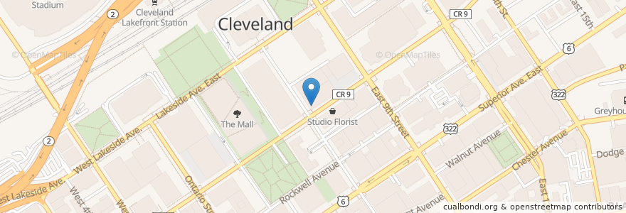 Mapa de ubicacion de Urban Farmer en 미국, 오하이오 주, Cuyahoga County, Cleveland.