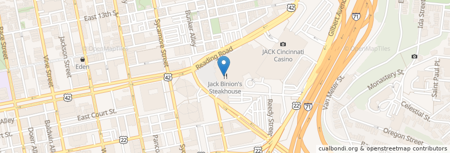 Mapa de ubicacion de Jack Binion’s Steakhouse en アメリカ合衆国, オハイオ州, Hamilton County, Cincinnati.