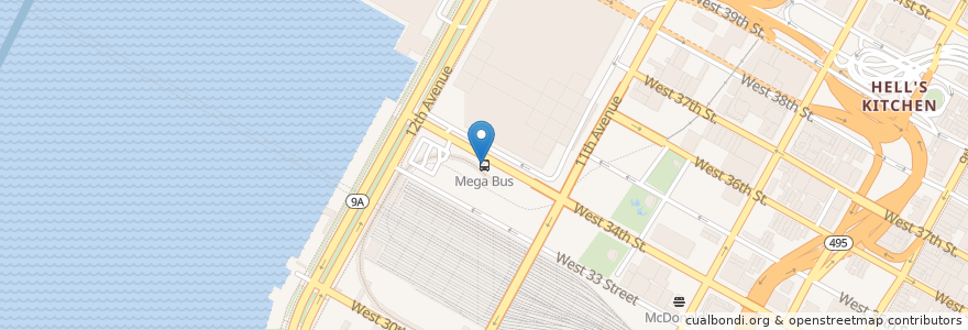 Mapa de ubicacion de Megabus en 美利坚合众国/美利堅合眾國, 纽约州 / 紐約州, 纽约, 纽约县, Manhattan, Manhattan Community Board 4.