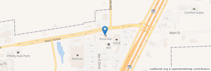 Mapa de ubicacion de Pizza Hut en 미국, 텍사스, Hays County, Buda.