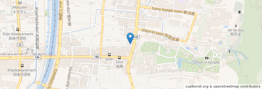 Mapa de ubicacion de Gion gyuzen en Japan, Kyoto Prefecture, Kyoto, Higashiyama Ward.