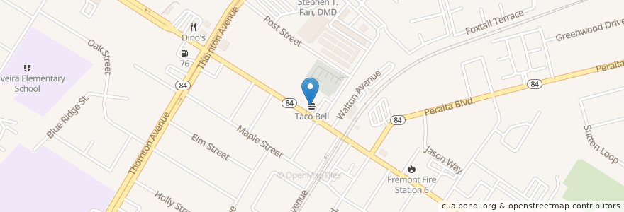 Mapa de ubicacion de Taco Bell en Amerika Birleşik Devletleri, Kaliforniya, Alameda İlçesi, Fremont.