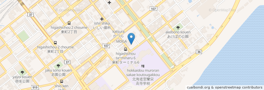 Mapa de ubicacion de 日の出母恋通り en اليابان, محافظة هوكايدو, 胆振総合振興局, 室蘭市.