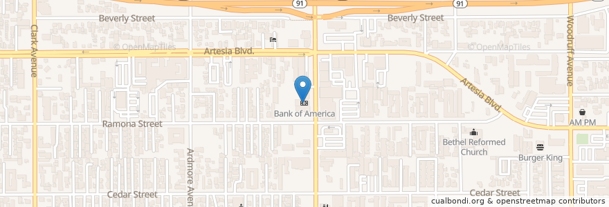 Mapa de ubicacion de Bank of America en 미국, 캘리포니아주, Los Angeles County, Bellflower.