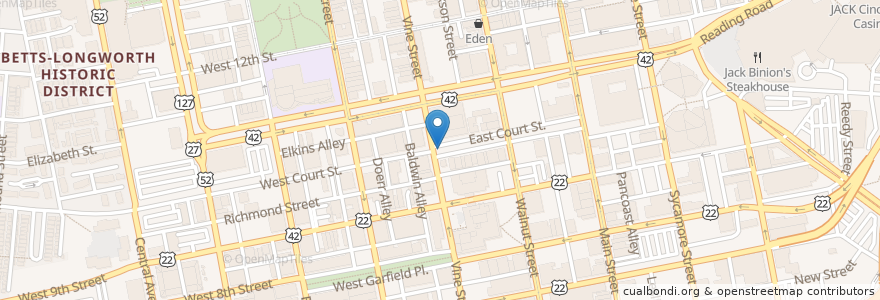Mapa de ubicacion de Red Bike - Vine & Court en Amerika Syarikat, Ohio, Hamilton County, Cincinnati.
