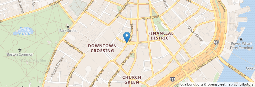Mapa de ubicacion de Blue Bikes - Franklin St. / Arch St. en 미국, 매사추세츠, Suffolk County, Boston.