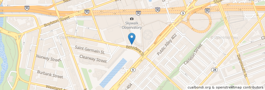 Mapa de ubicacion de Blue Bikes - Prudential Center / Belvidere en 美利坚合众国/美利堅合眾國, 马萨诸塞州 / 麻薩諸塞州 / 麻省, Suffolk County, 波士顿 / 波士頓.