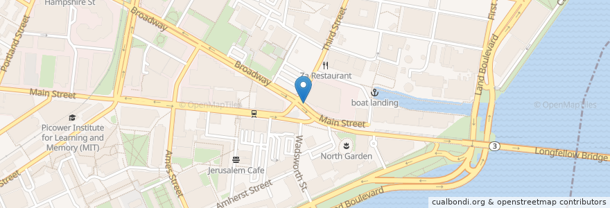 Mapa de ubicacion de Blue Bikes - One Broadway / Kendall Sq at Main St / 3rd St en 美利坚合众国/美利堅合眾國, 马萨诸塞州 / 麻薩諸塞州 / 麻省, Cambridge.