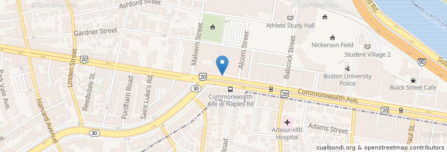 Mapa de ubicacion de Blue Bikes - Packards Corner - Comm. Ave. at Brighton Ave. en Estados Unidos Da América, Massachusetts, Suffolk County, Boston.