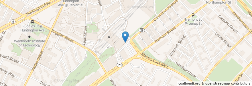 Mapa de ubicacion de Blue Bikes - Ruggles Station / Columbus Ave. en 미국, 매사추세츠, Suffolk County, Boston.