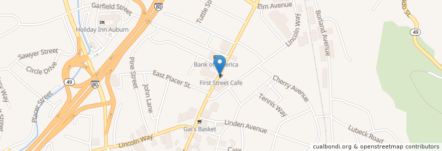Mapa de ubicacion de First Street Cafe en États-Unis D'Amérique, Californie, Placer County, Auburn.