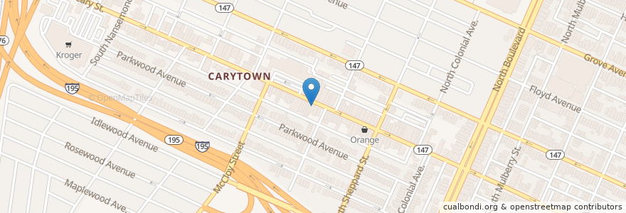 Mapa de ubicacion de Greek on Cary en 美利坚合众国/美利堅合眾國, 弗吉尼亚州 / 維吉尼亞州 / 維珍尼亞州, Richmond City.