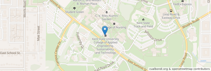Mapa de ubicacion de Kent State Universtiy College of Applied Engineering, Sustainability, and Technology en États-Unis D'Amérique, Ohio, Portage County, Kent.