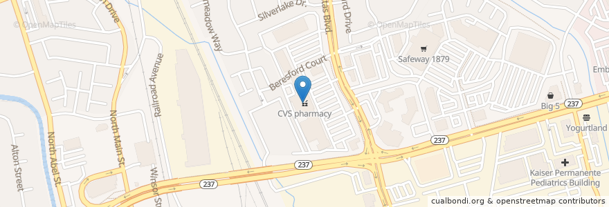 Mapa de ubicacion de CVS Pharmacy en 미국, 캘리포니아주, Santa Clara County, Milpitas.