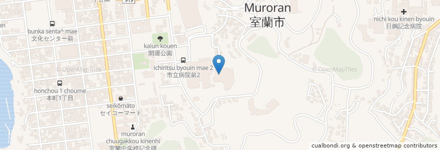 Mapa de ubicacion de 市立室蘭総合病院 en Япония, Хоккайдо, Округ Ибури, Муроран.